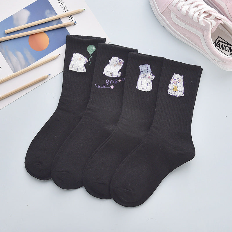 4Pair Spring And Summer Combed Out Of Pure Cotton Socks Mid Waist Fashion Bear Socks Cute Animal Socks Kawaii Cute Cartoon Purple College Socks For Men And Women