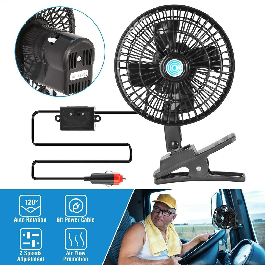 12V Car Fan Oscillating Clip on Cooling Fan with 2 Speeds 120° Rotation