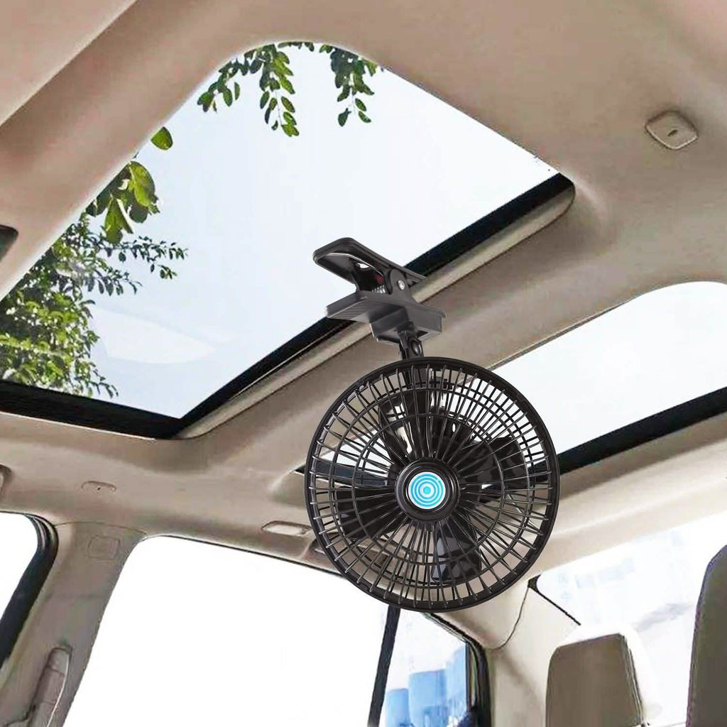 12V Car Fan Oscillating Clip on Cooling Fan with 2 Speeds 120° Rotation
