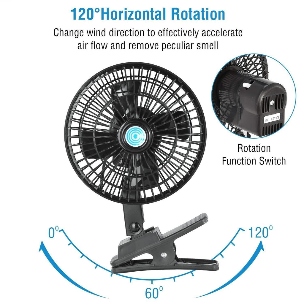12V Car Fan Oscillating Clip on Cooling Fan with 2 Speeds 120° Rotation