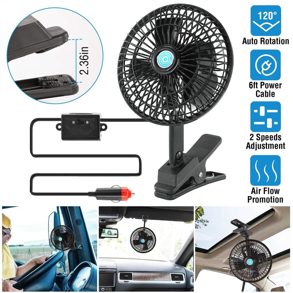 12V Car Fan Oscillating Clip on Cooling Fan with 2 Speeds 120° Rotation