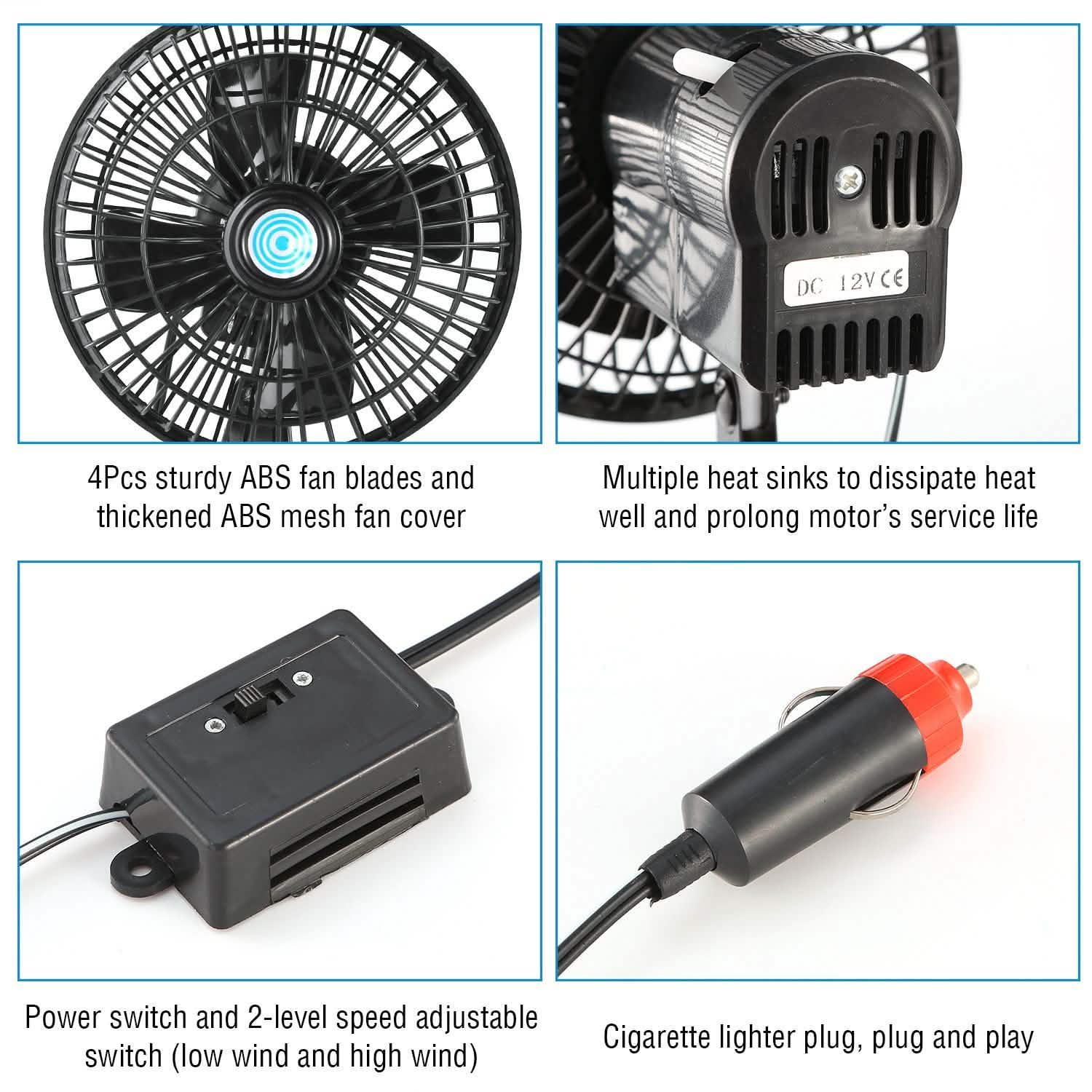 12V Car Fan Oscillating Clip on Cooling Fan with 2 Speeds 120° Rotation
