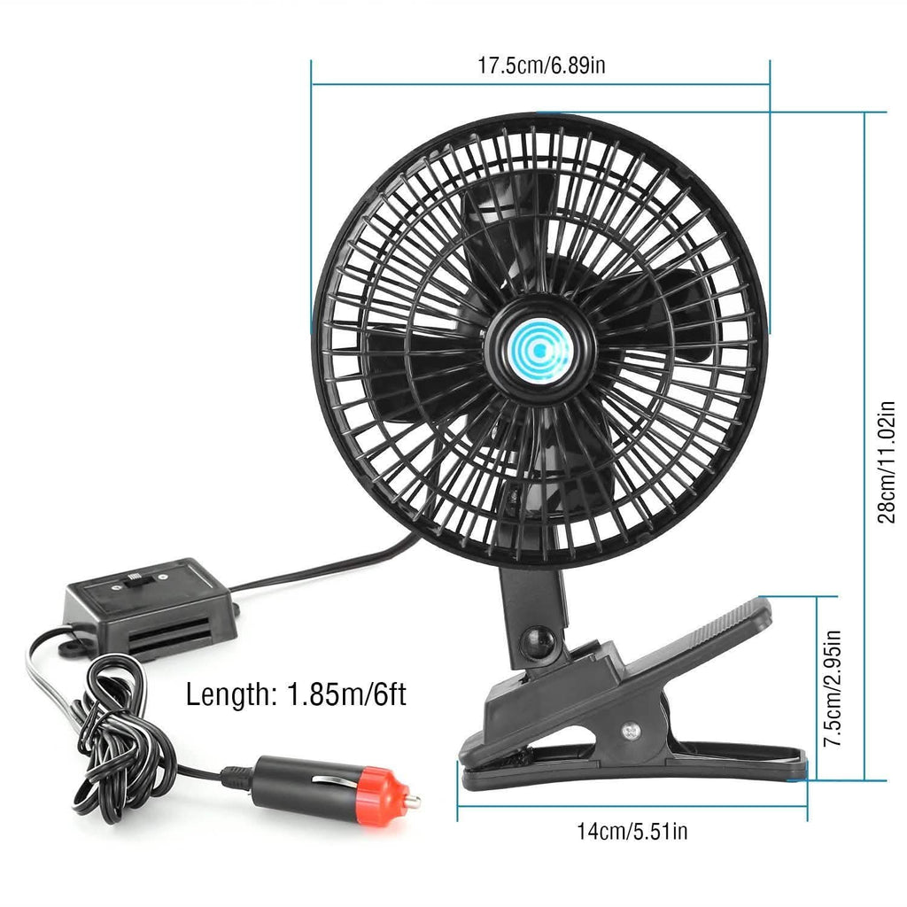 12V Car Fan Oscillating Clip on Cooling Fan with 2 Speeds 120° Rotation