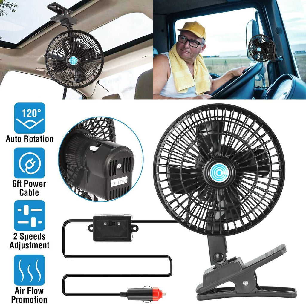 12V Car Fan Oscillating Clip on Cooling Fan with 2 Speeds 120° Rotation