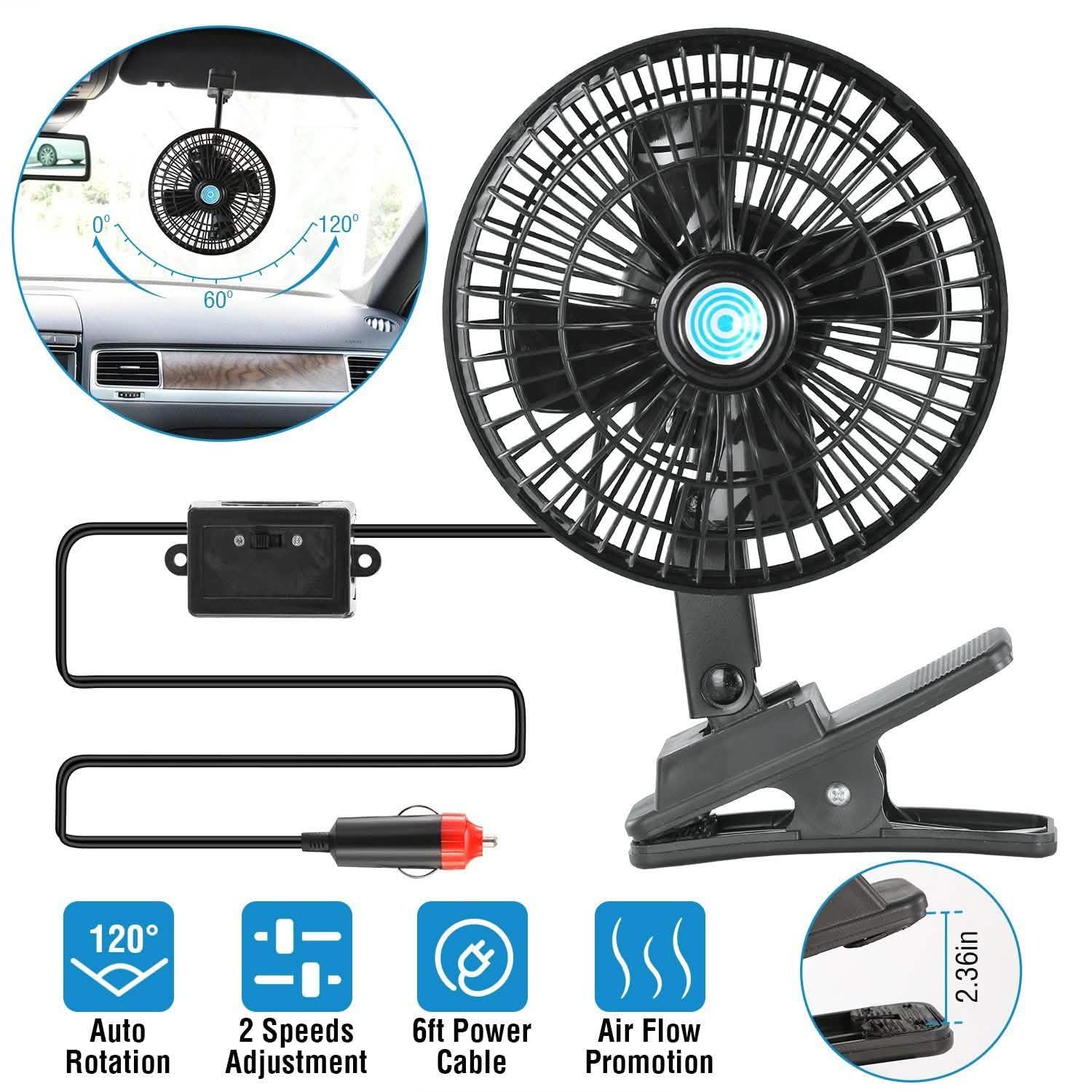 12V Car Fan Oscillating Clip on Cooling Fan with 2 Speeds 120° Rotation