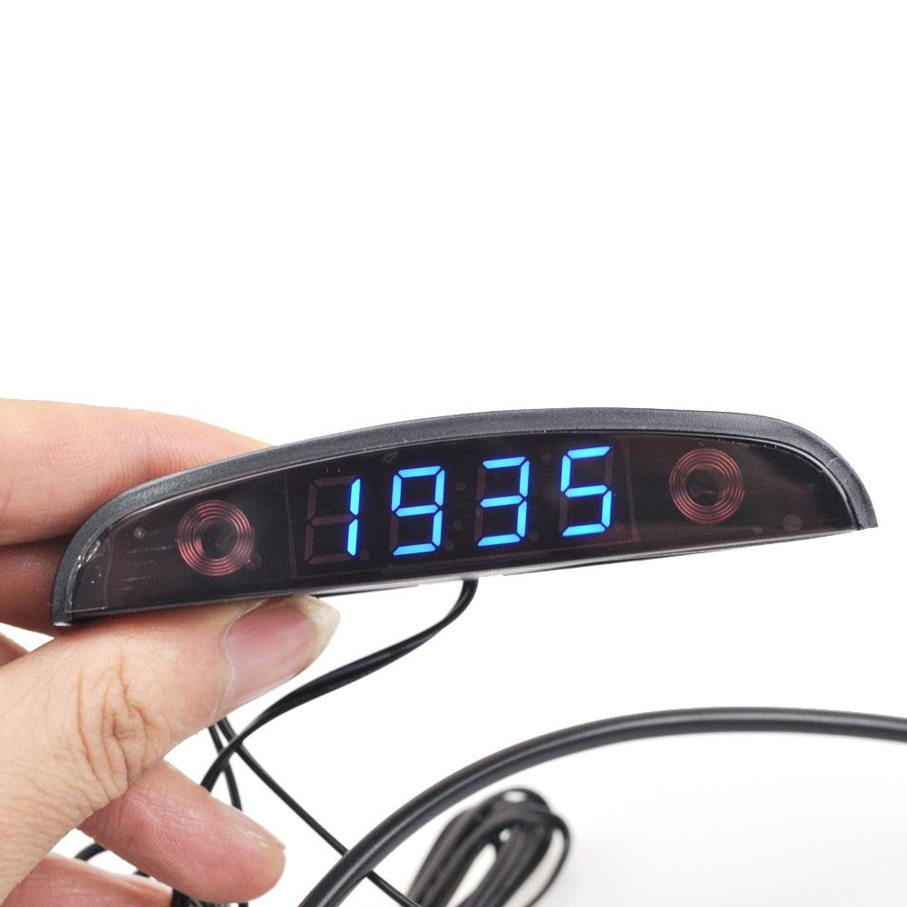 12V Car Interior 3 In 1 Car Clock Voltmeter Thermometer and Voltage Meter Monitor Touch Switch Blue Red Light Thermometers Voltmeter Gauge Electronic Clock LED Digital Display LCD Screen Clock
