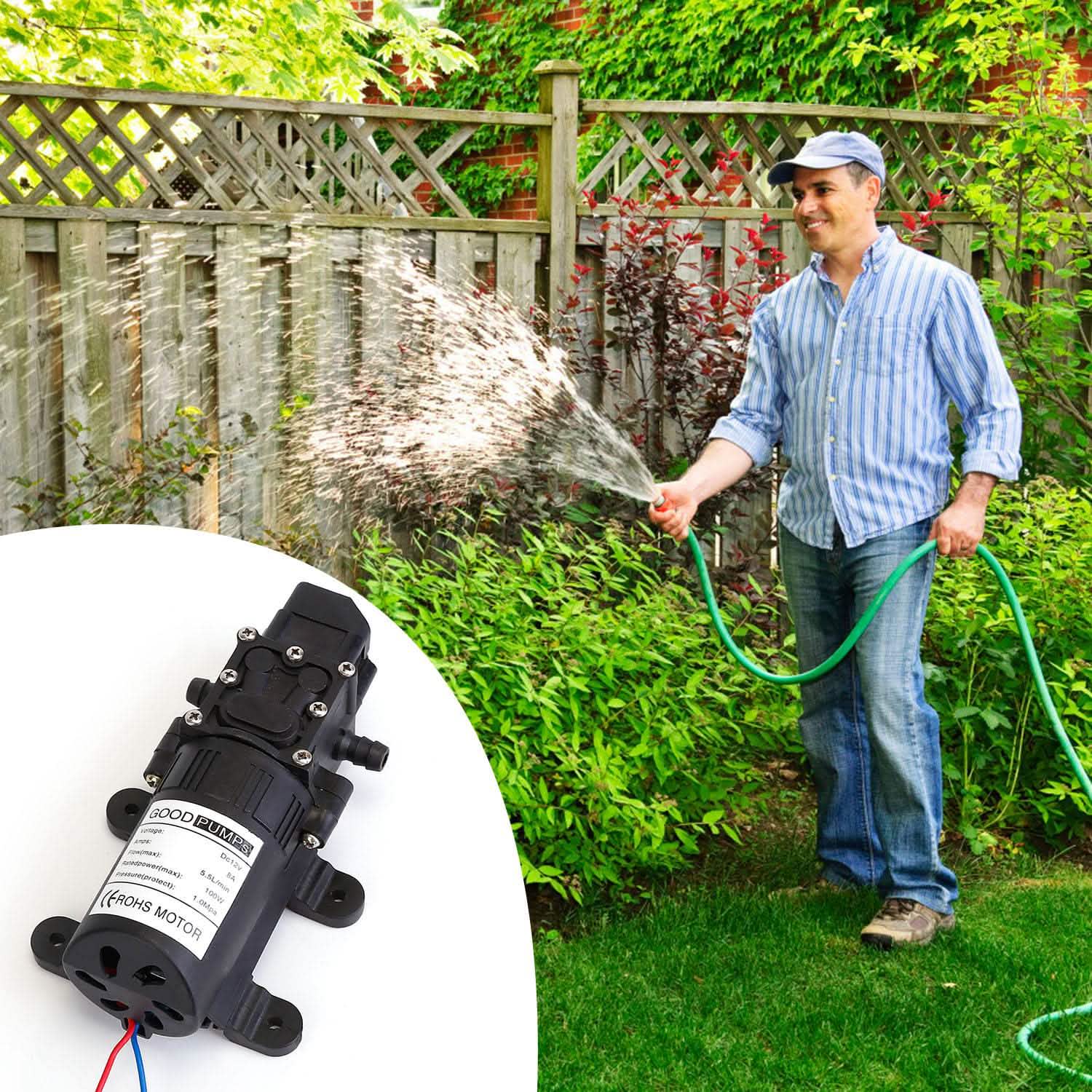 12V Water Pump with 2 Hose Clamps 123PSI Self Priming Sprayer Pump