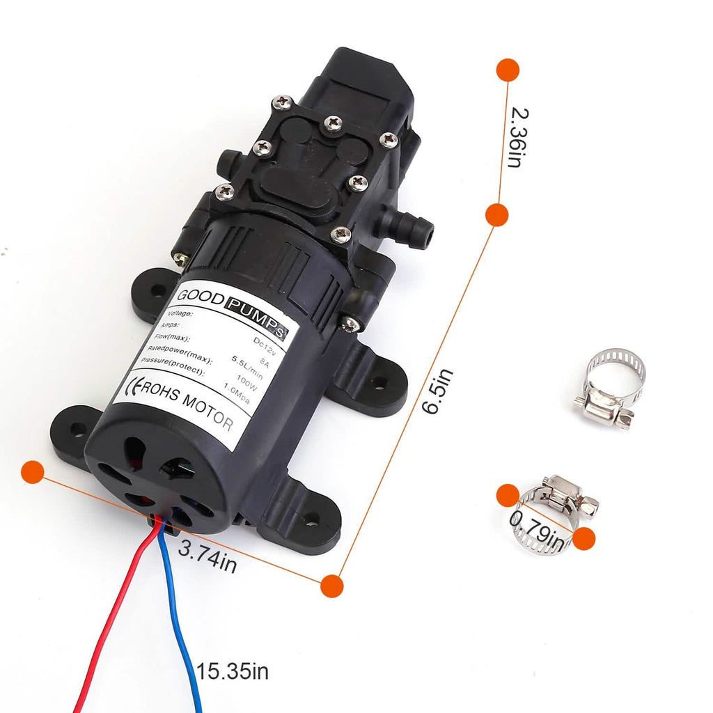 12V Water Pump with 2 Hose Clamps 123PSI Self Priming Sprayer Pump