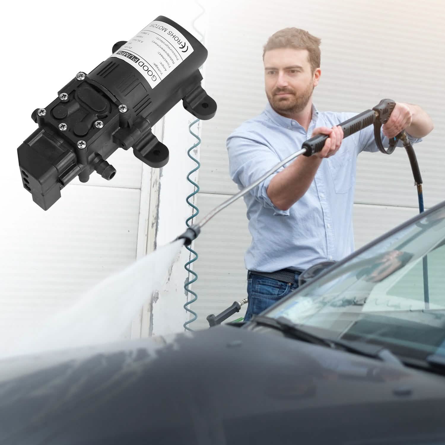 12V Water Pump with 2 Hose Clamps 123PSI Self Priming Sprayer Pump