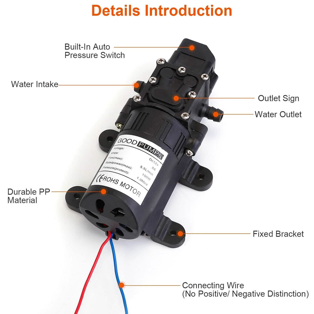12V Water Pump with 2 Hose Clamps 123PSI Self Priming Sprayer Pump