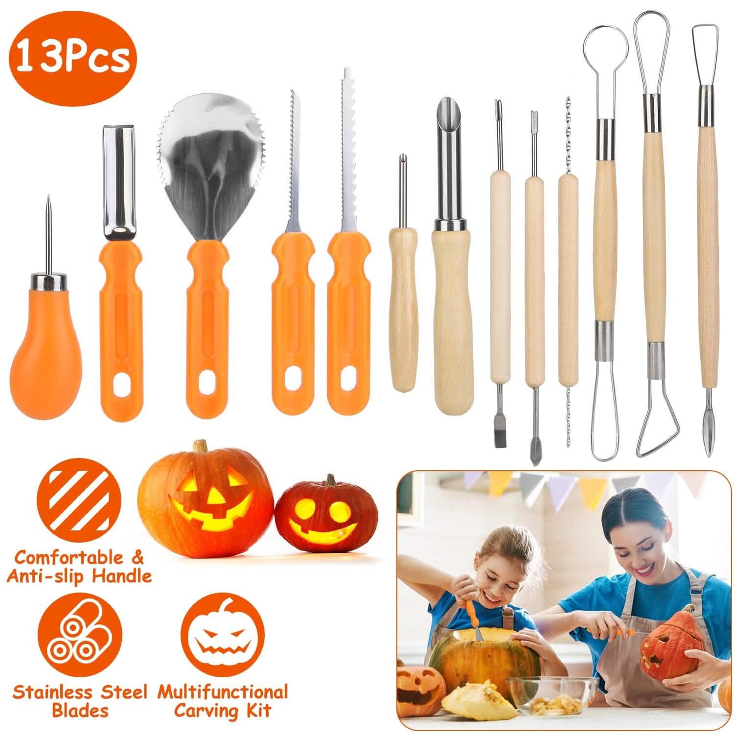 13-Pieces: Halloween Pumpkin Stainless Steel Carving Kit