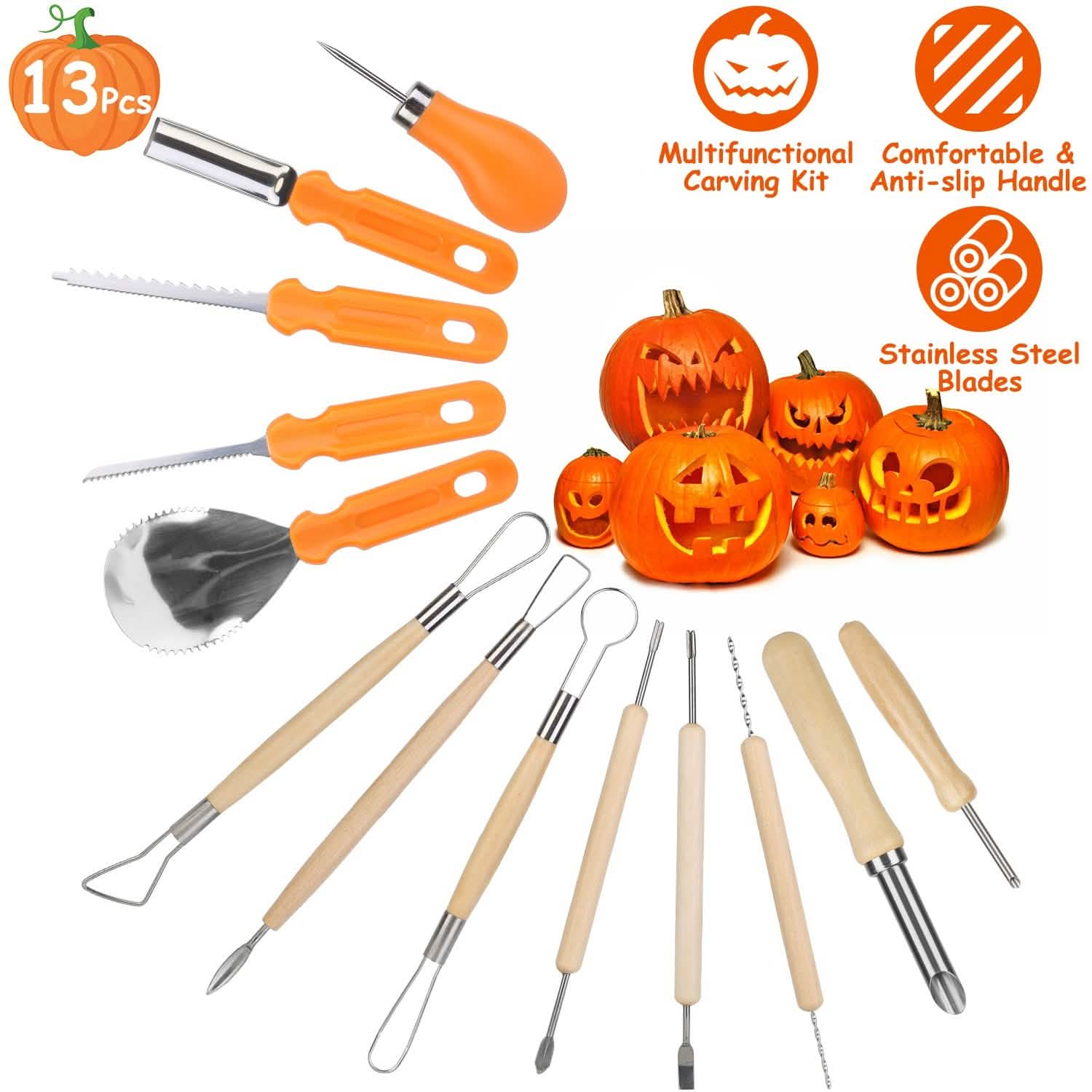 13-Pieces: Halloween Pumpkin Stainless Steel Carving Kit