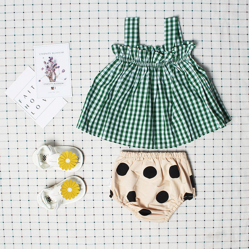 Plaid Sleeveless Sling Top Bread Pants Girls Set