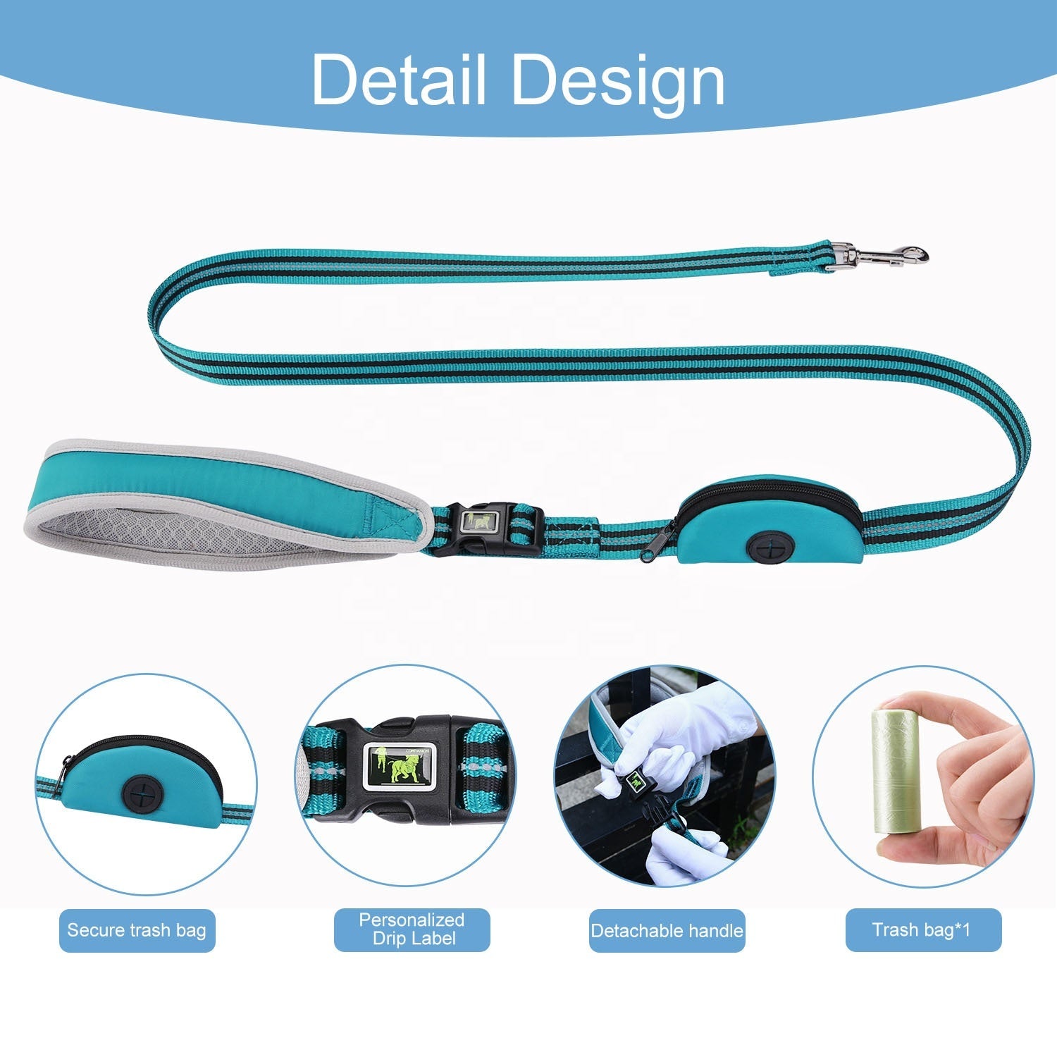 Nylon Combat Padded Leads Dog Leash with Double Padded Handles with Built in Poop Bag Holder Dispenser