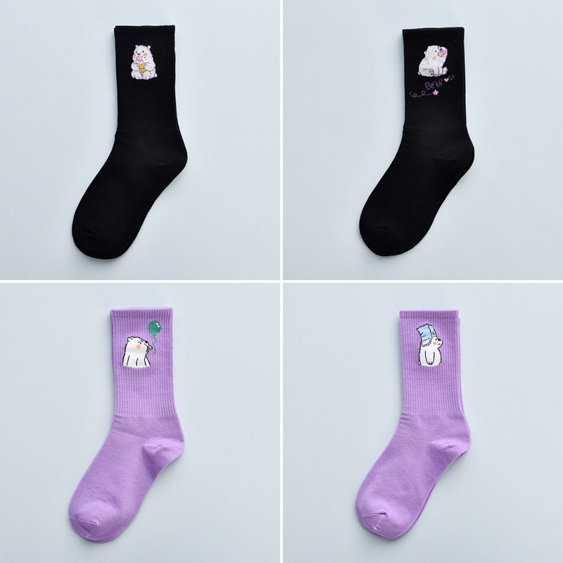 4Pair Spring And Summer Combed Out Of Pure Cotton Socks Mid Waist Fashion Bear Socks Cute Animal Socks Kawaii Cute Cartoon Purple College Socks For Men And Women