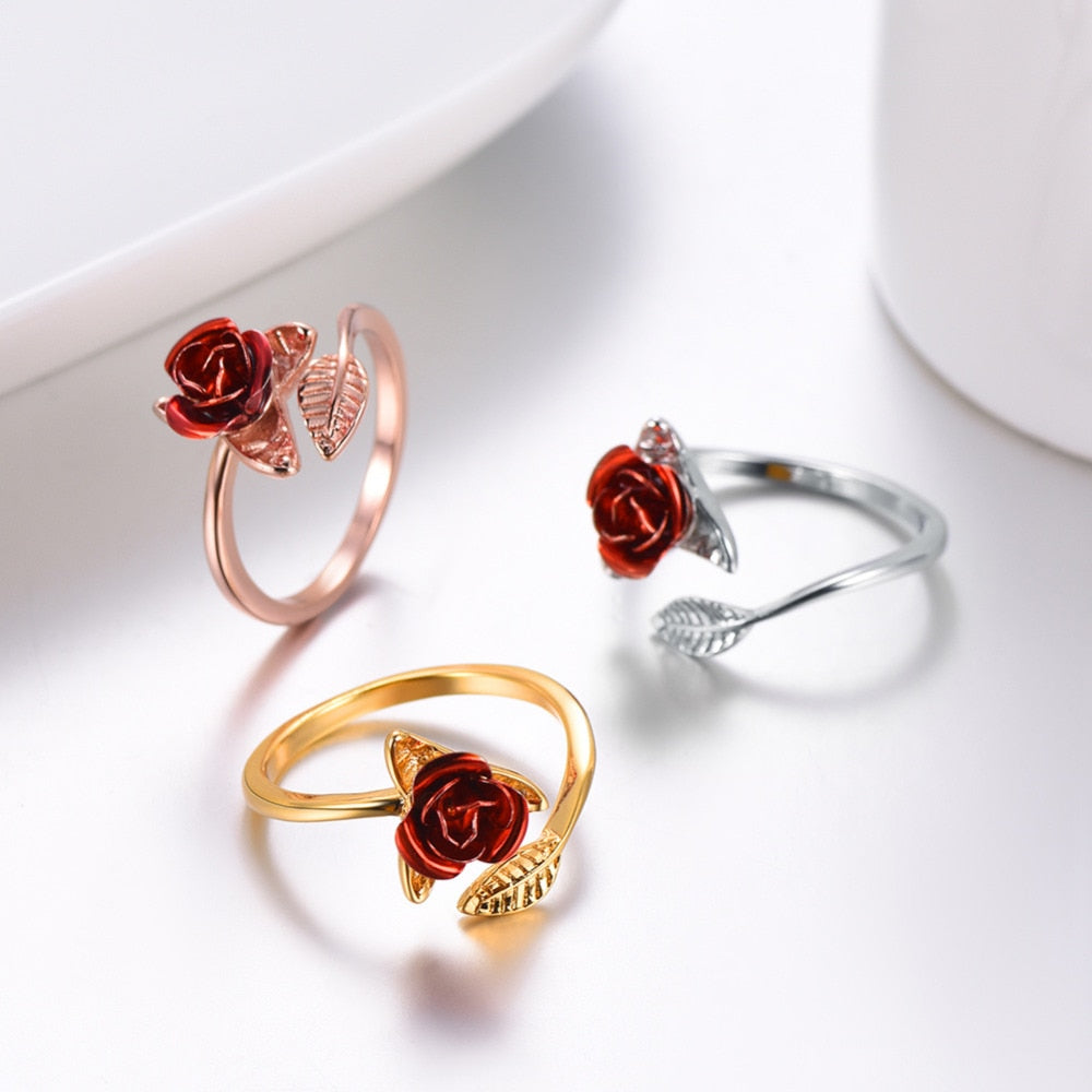 U7 Red Rose Garden Flower Leaves Resizable Finger Rings for Women Valentine's Day Gift Jewelry Hot Sale Open Ring R1019