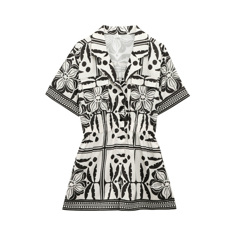 Versatile woven Cuban collar jumpsuit shorts