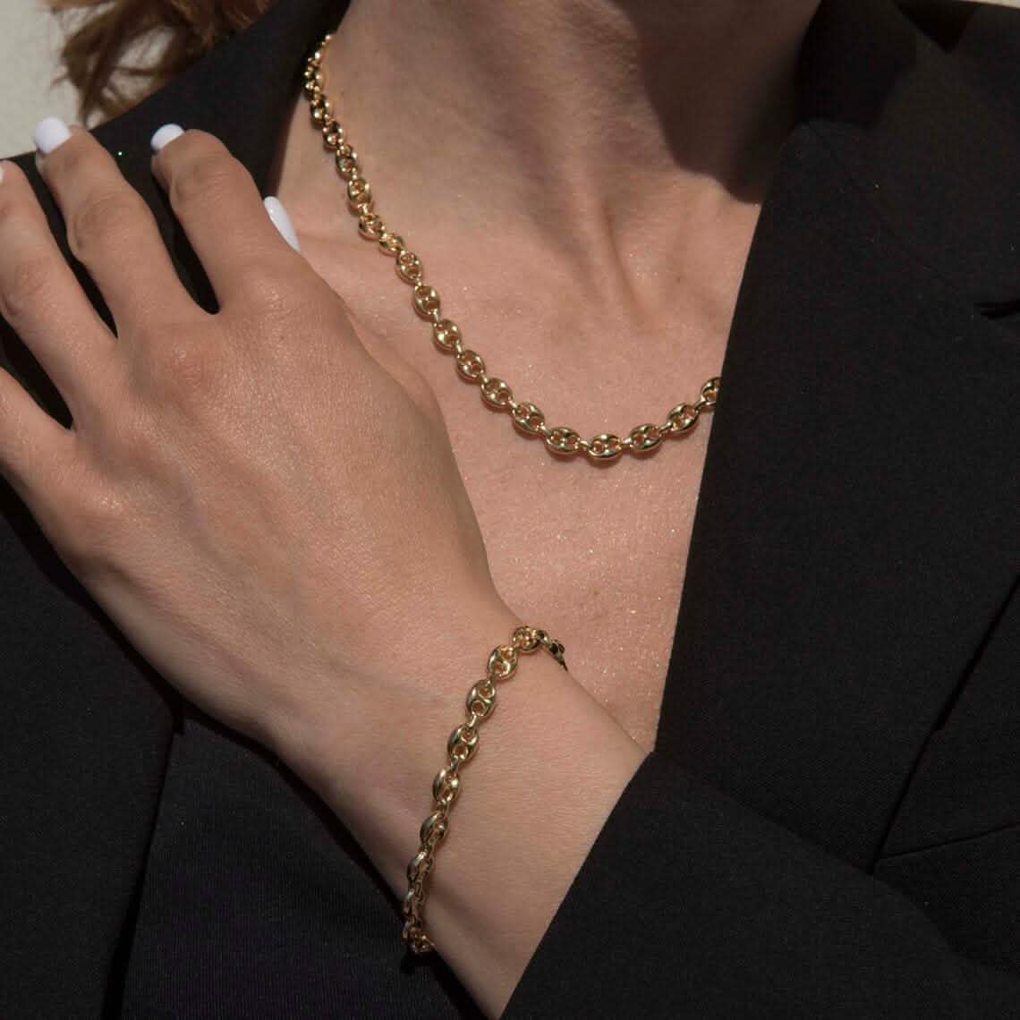 14K Solid Yellow Gold 3mm Puff Mariner Link Necklace Bracelet with Lobster Clasp