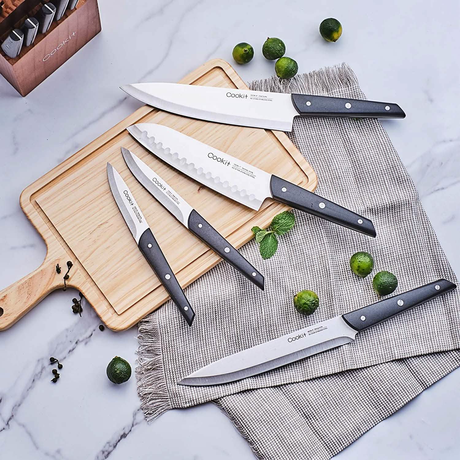 15-Pieces Set: Cookit Germany Stainless Steel Knife Block Set and Serrated Steak Knives