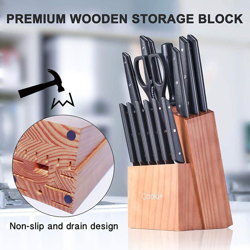15-Pieces Set: Cookit Germany Stainless Steel Knife Block Set and Serrated Steak Knives