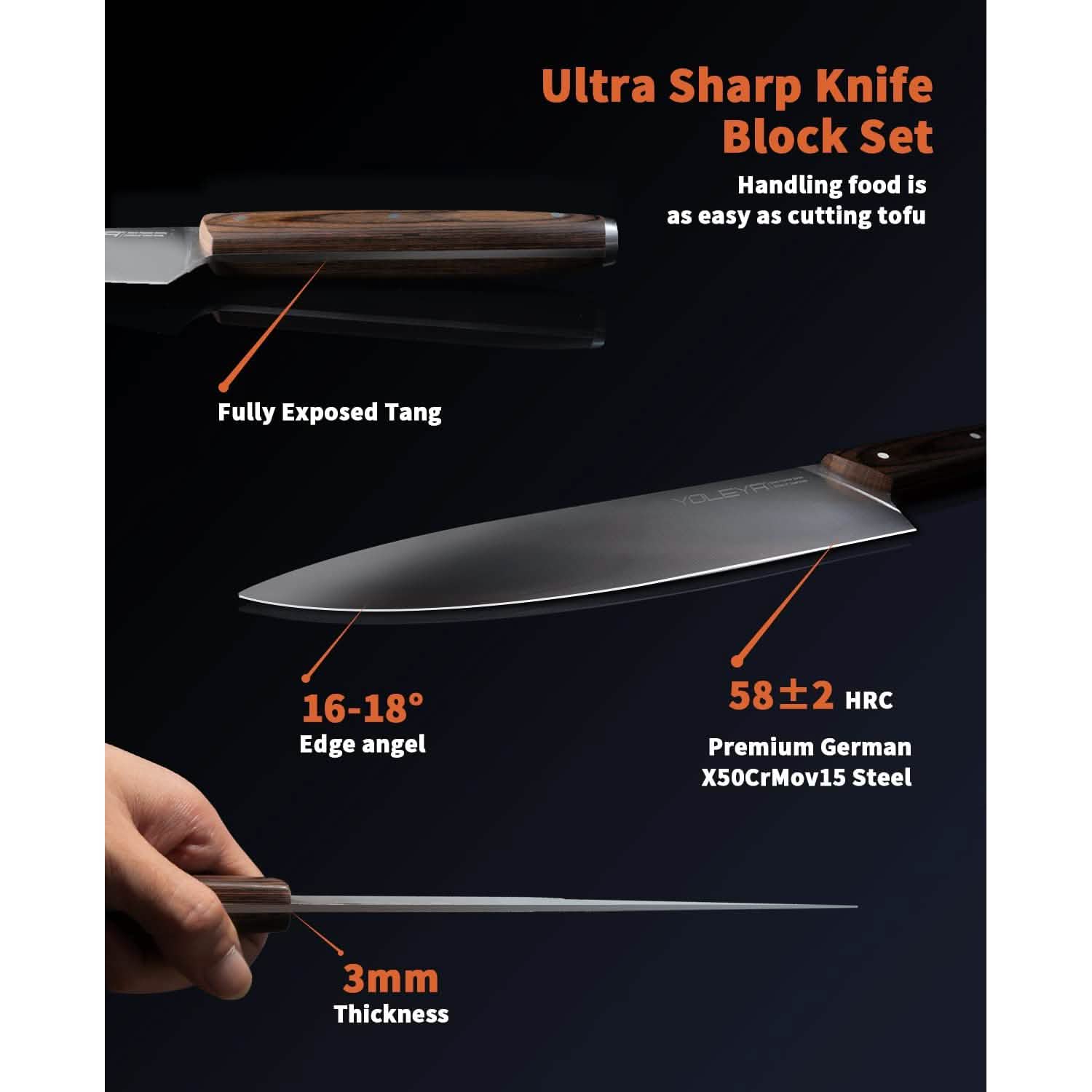 15-Pieces Set: YOLEYA Kitchen Knife Set with Block Wooden Triple Rivets