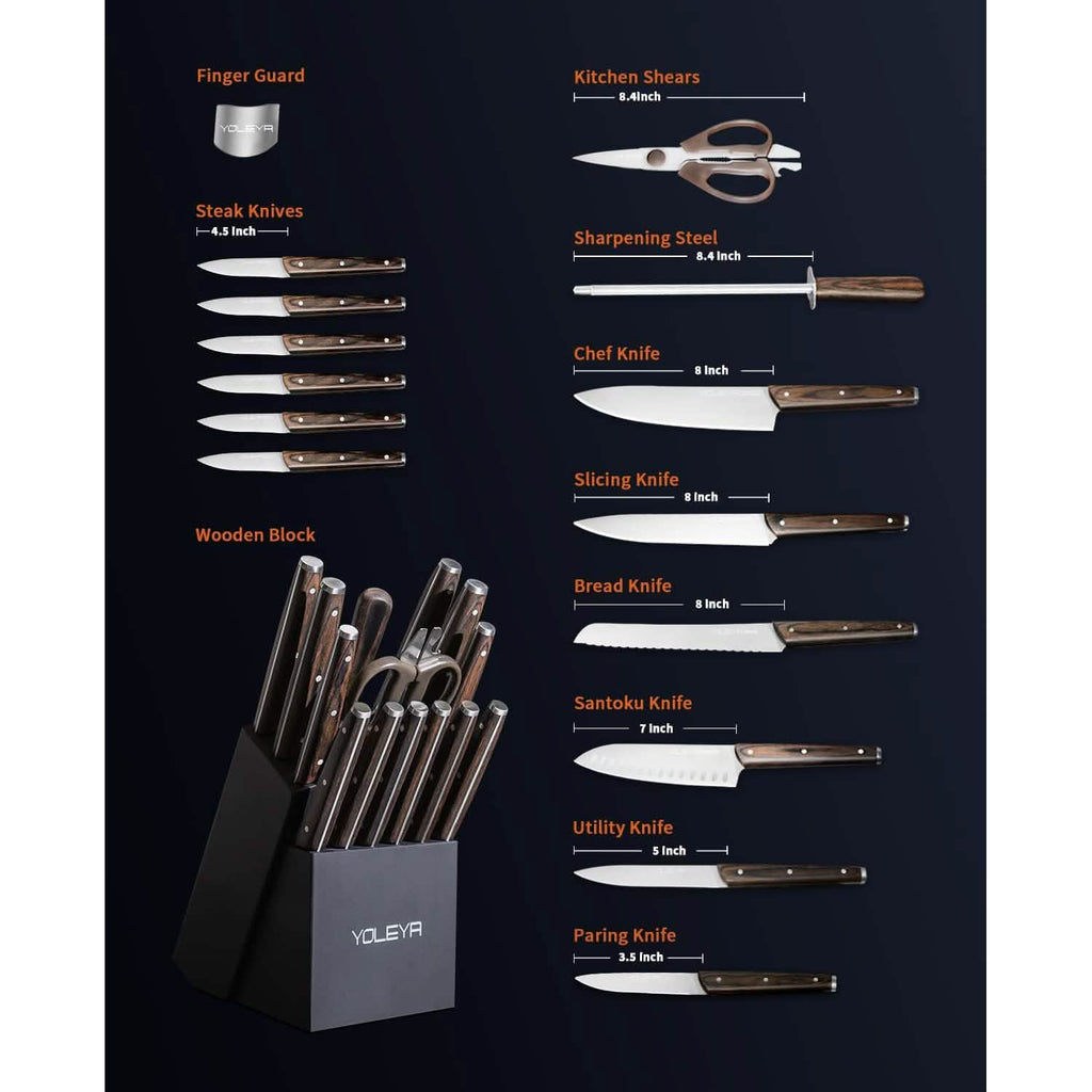 15-Pieces Set: YOLEYA Kitchen Knife Set with Block Wooden Triple Rivets