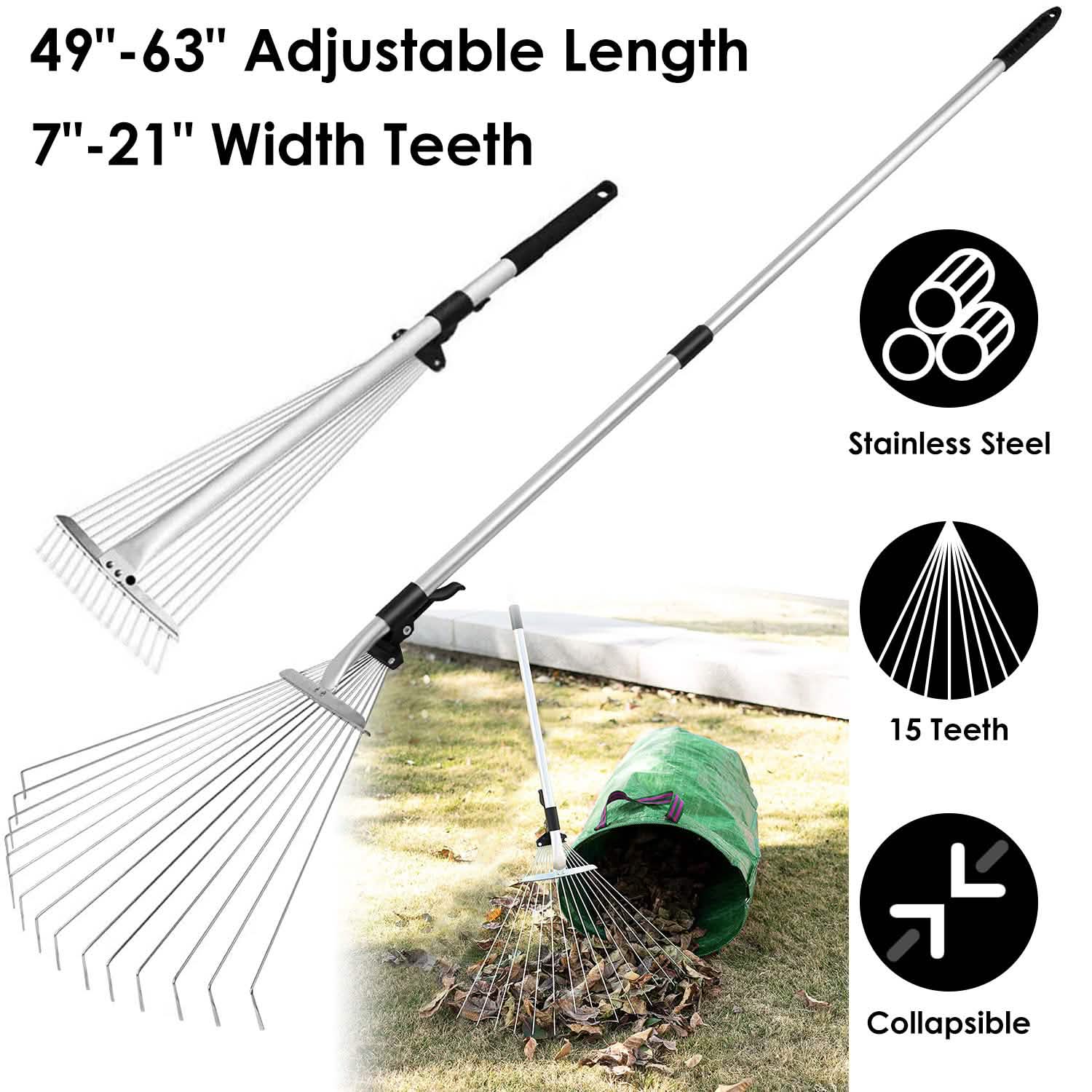 15-Teeth Expanding Stainless Steel Rake