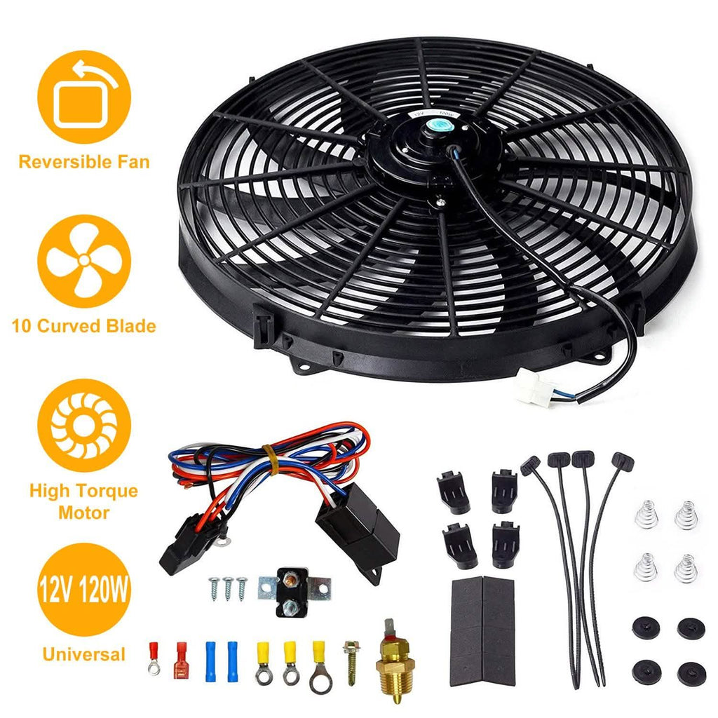 16" Electric Radiator Cooling Fan 12V 120W 10 Blades Car Thermostat Kit