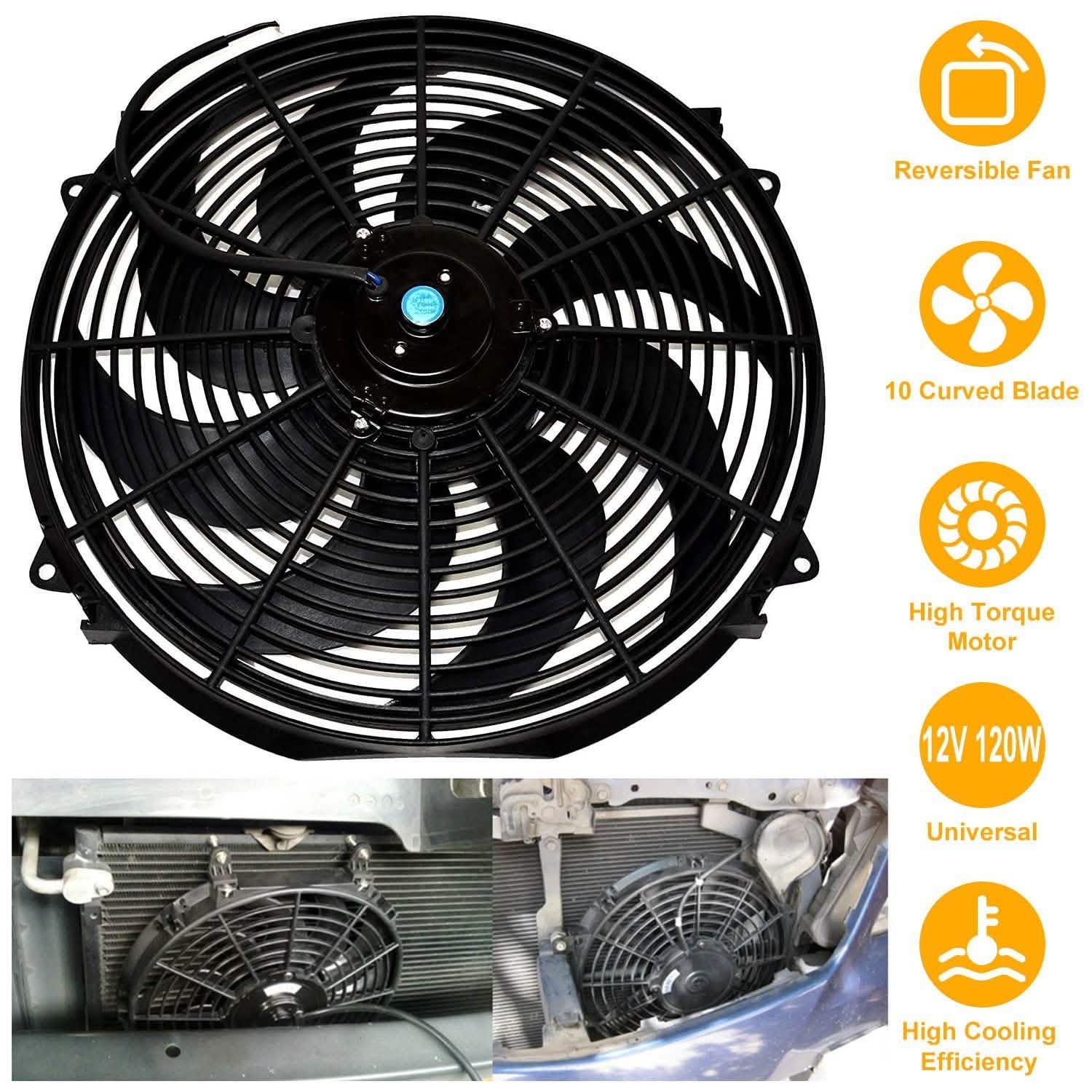 16" Electric Radiator Cooling Fan 12V 120W 10 Blades Car Thermostat Kit