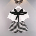 Two-piece Frilled Chiffon Shirt With Striped Shorts