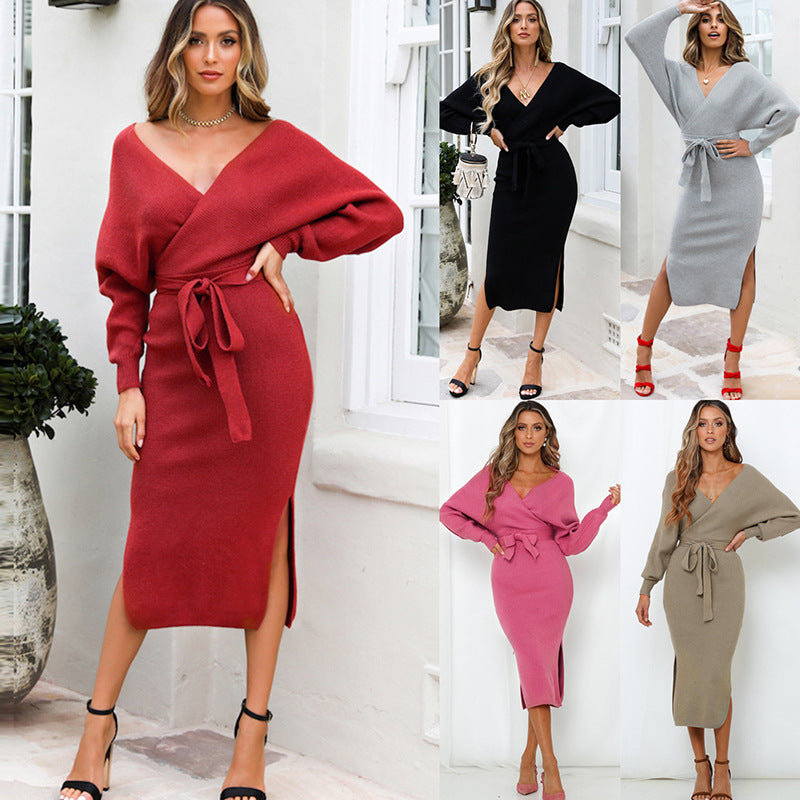 new SEXY RED Autumn And Winter Knitted Slim Double V-Neck FALL Sweater DRESS FOR WOMEN
