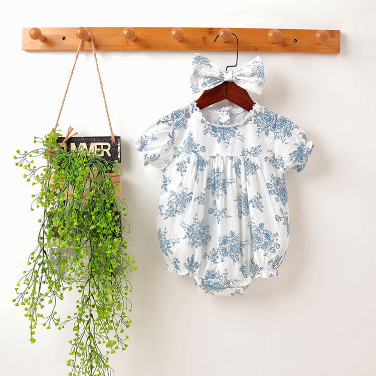 Short-sleeved Hand-painted Blue Flower Retro Cute Romper