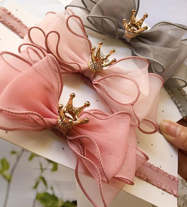 Luxury Modern Pearl Handmade Baby Girls Bowknot Crown Headband Lace Elastic Hair Band Bow For Girls Baby
