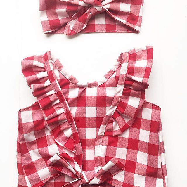 Children Plaid Top Denim Shorts Headdress Three-piece Set