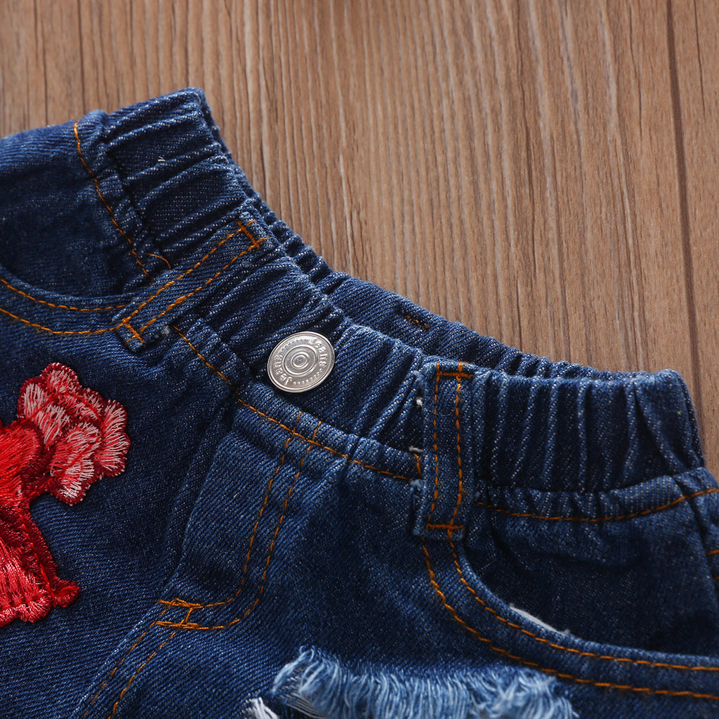 European And American Hot Selling Girls Sling Strapless Top  Rose Denim Ripped Shorts Suit