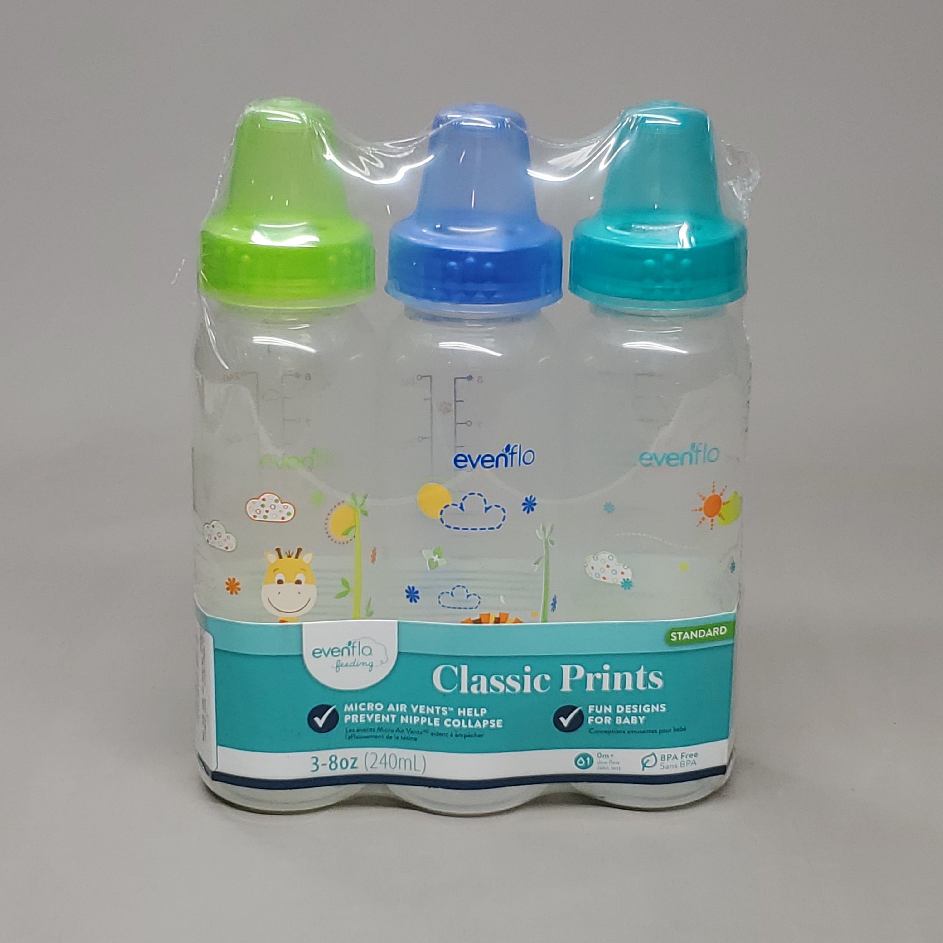 EVENFLO Classic Prints Fun Design Standard Baby Bottles 8 oz 3 Colors Blue/Green 1338311 (New)