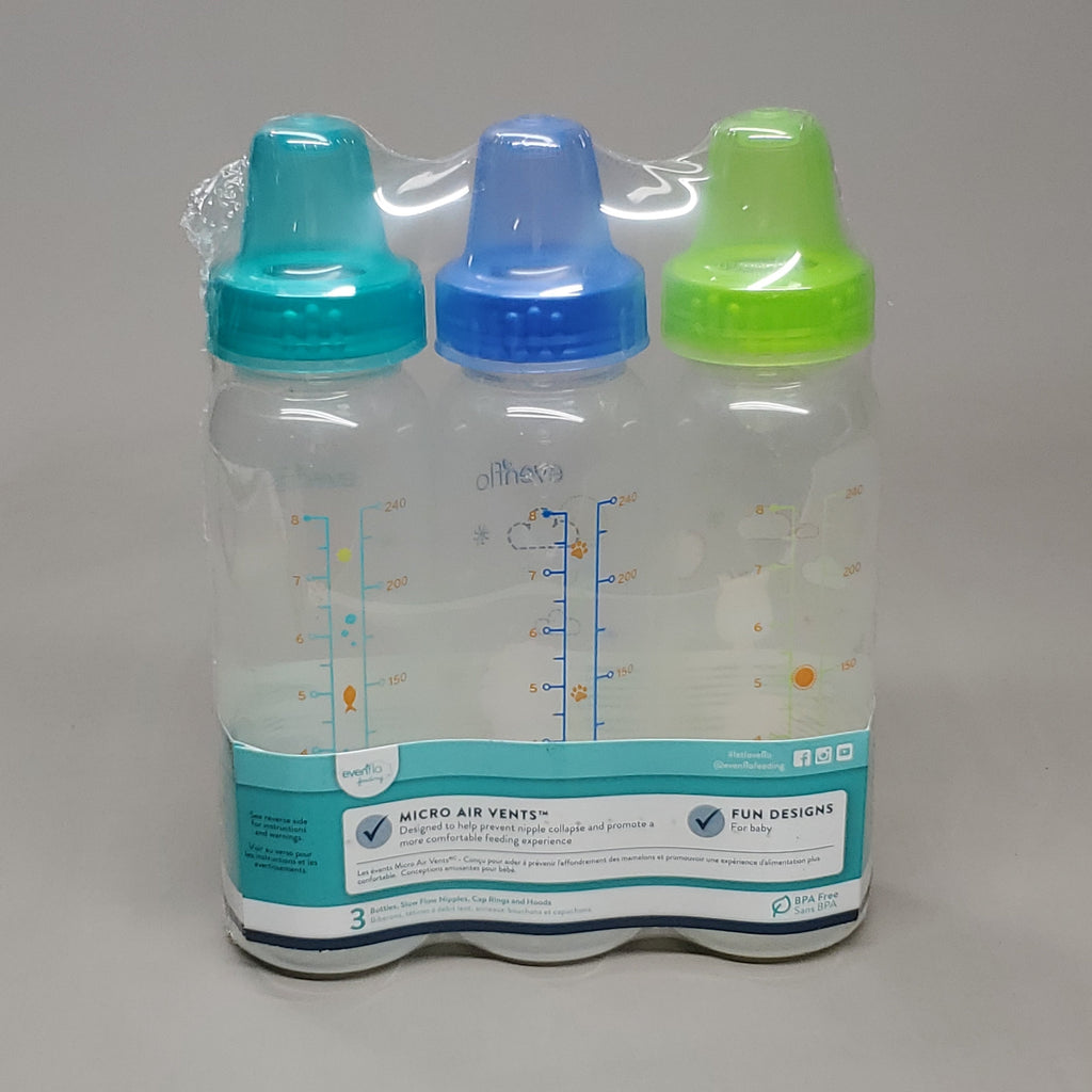 EVENFLO Classic Prints Fun Design Standard Baby Bottles 8 oz 3 Colors Blue/Green 1338311 (New)
