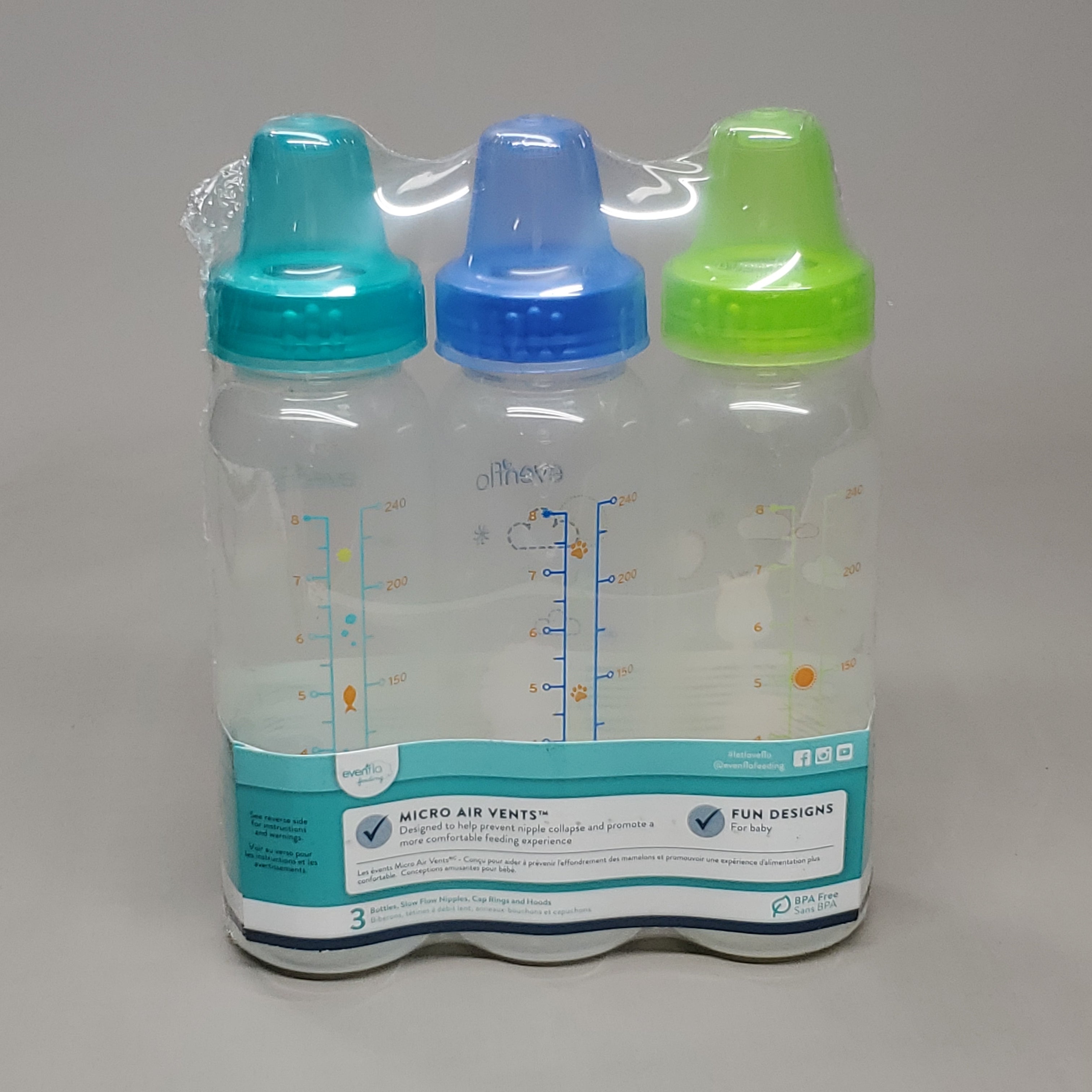 EVENFLO Classic Prints Fun Design Standard Baby Bottles 8 oz 3 Colors Blue/Green 1338311 (New)