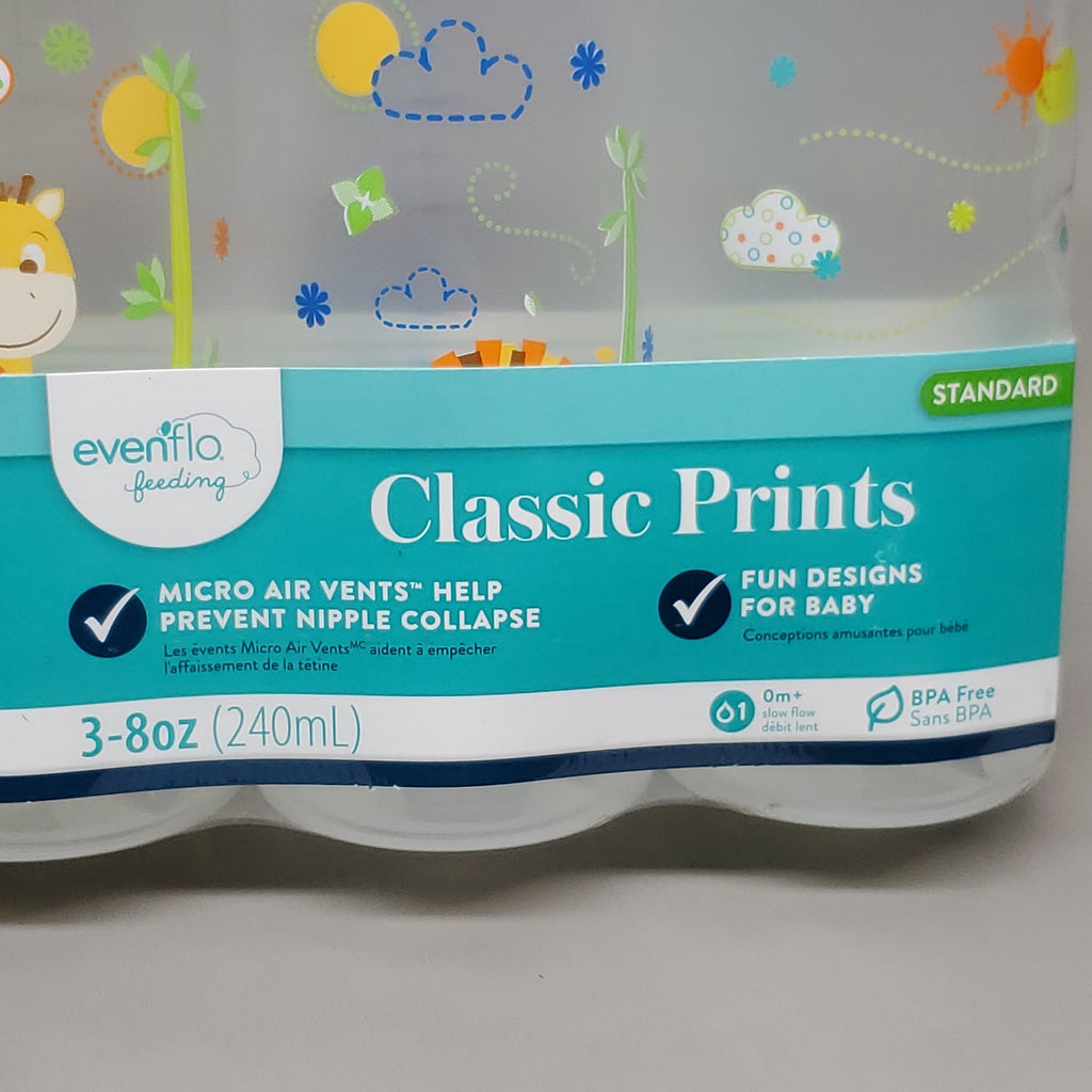 EVENFLO Classic Prints Fun Design Standard Baby Bottles 8 oz 3 Colors Blue/Green 1338311 (New)