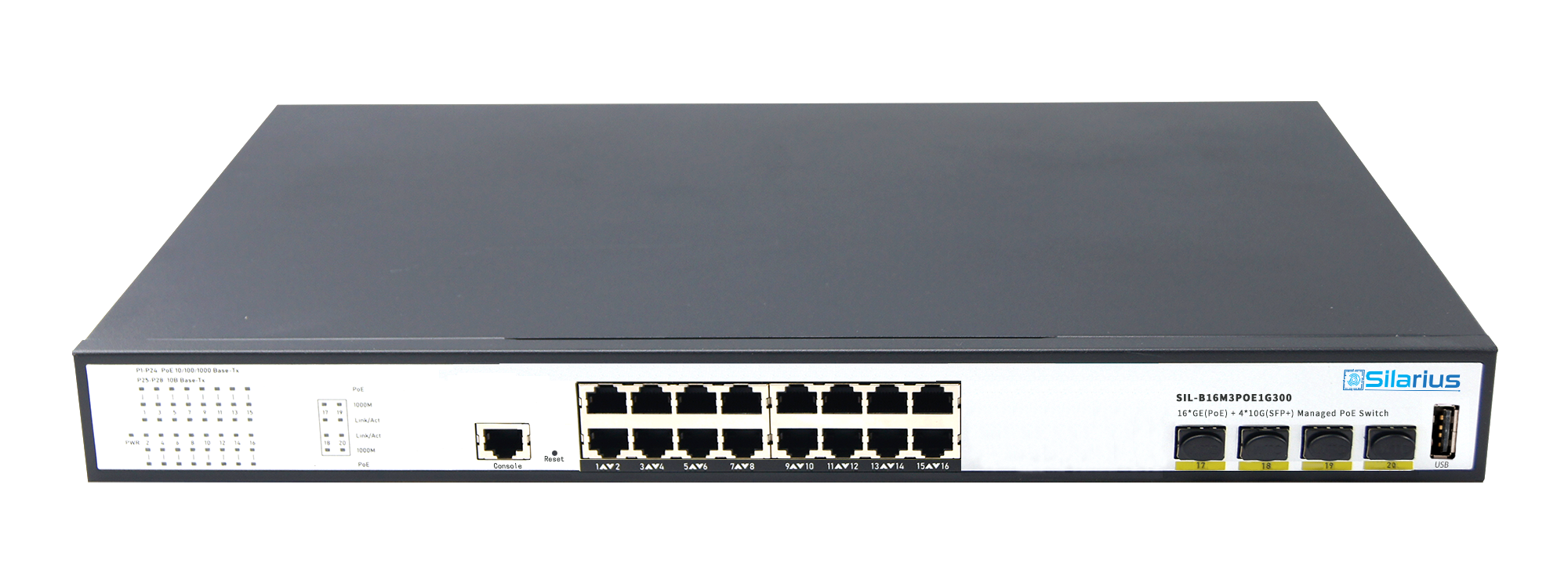 Silarius SIL-B16M3POE1G300 16 Ports 10/100/1000Mbps Gigabit Layer3 Managed PoE+ switch with 4 Ports 10G SFP+ Uplink,1USB, 1 Console, 6KV surge protection,300W,rack mount installation