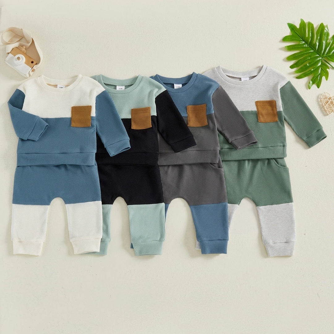 Boys' Waffle Color Matching Pocket Two-piece Set