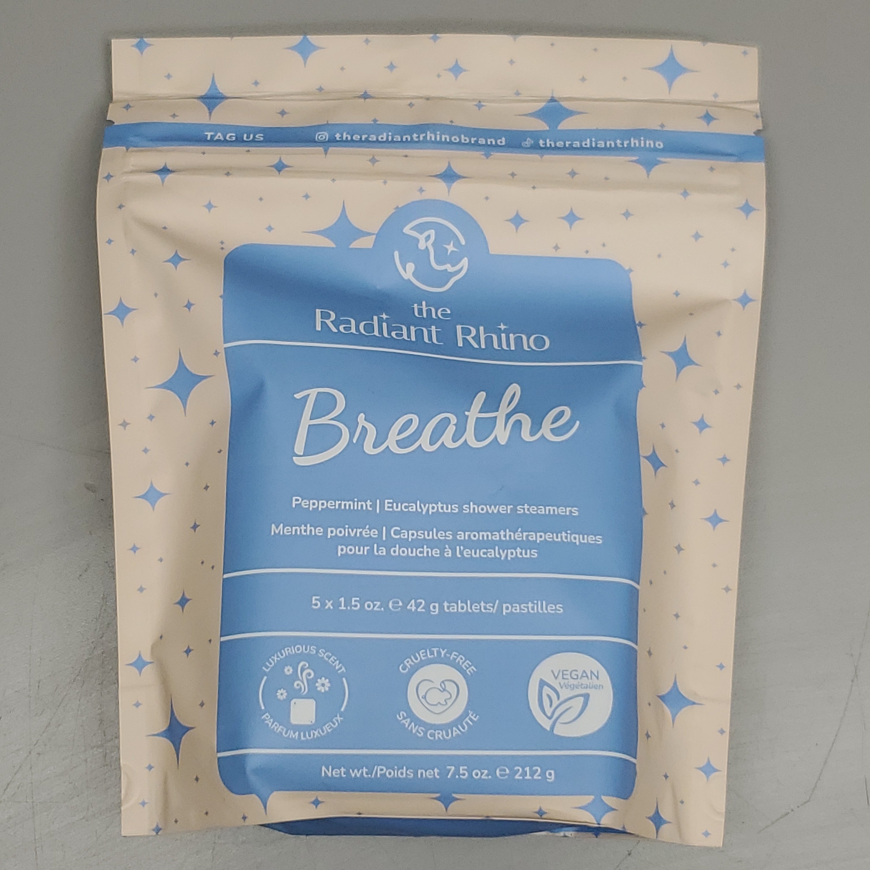 ZA@ THE RADIANT RHINO Breathe Peppermint Eucalyptus Shower Steamers 6-PK! 5x1.5oz Tablets 7.5oz (New) D