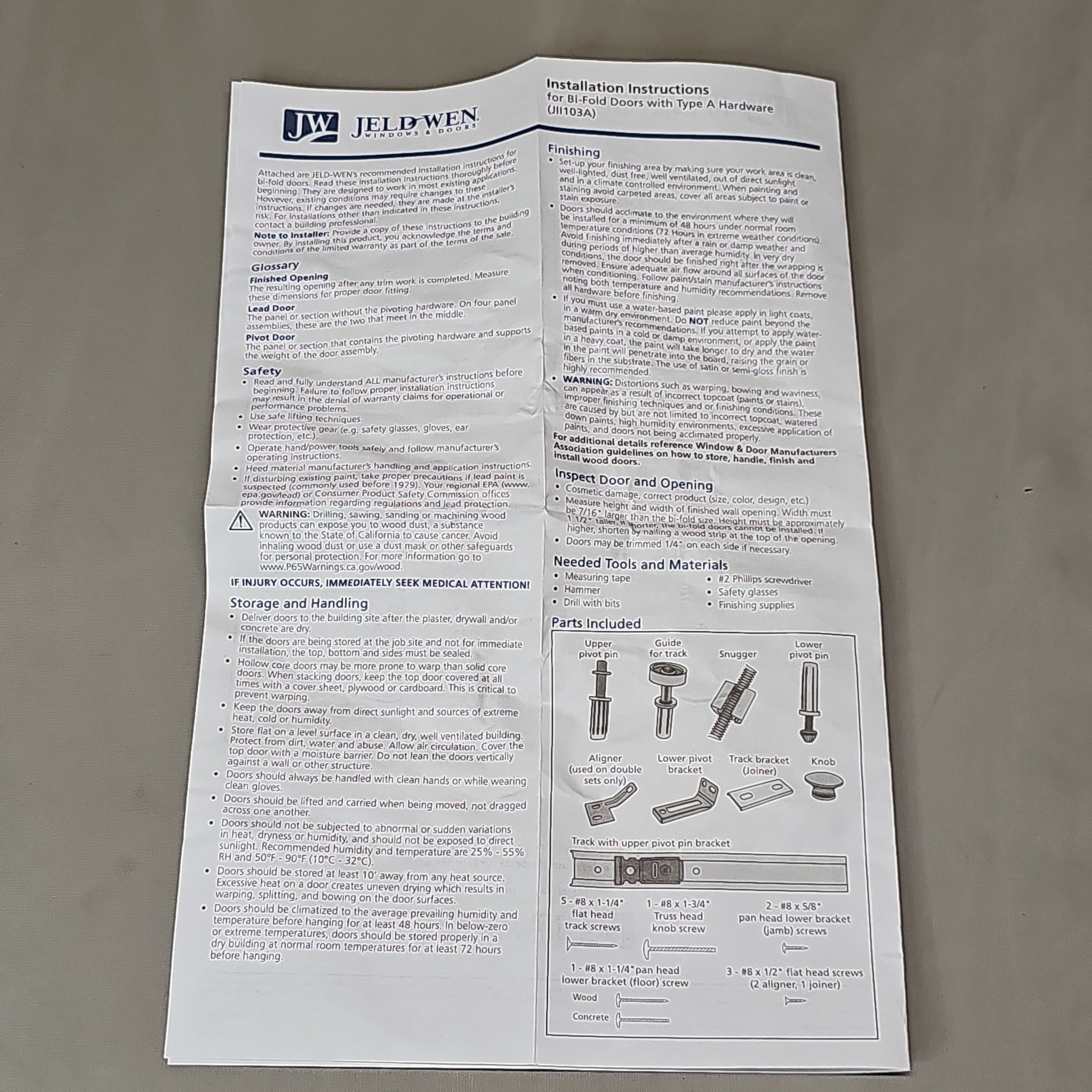 JELD-WEN Bifold Closet Door Bag Set 7/8" Track Single Set HW63710 (New)