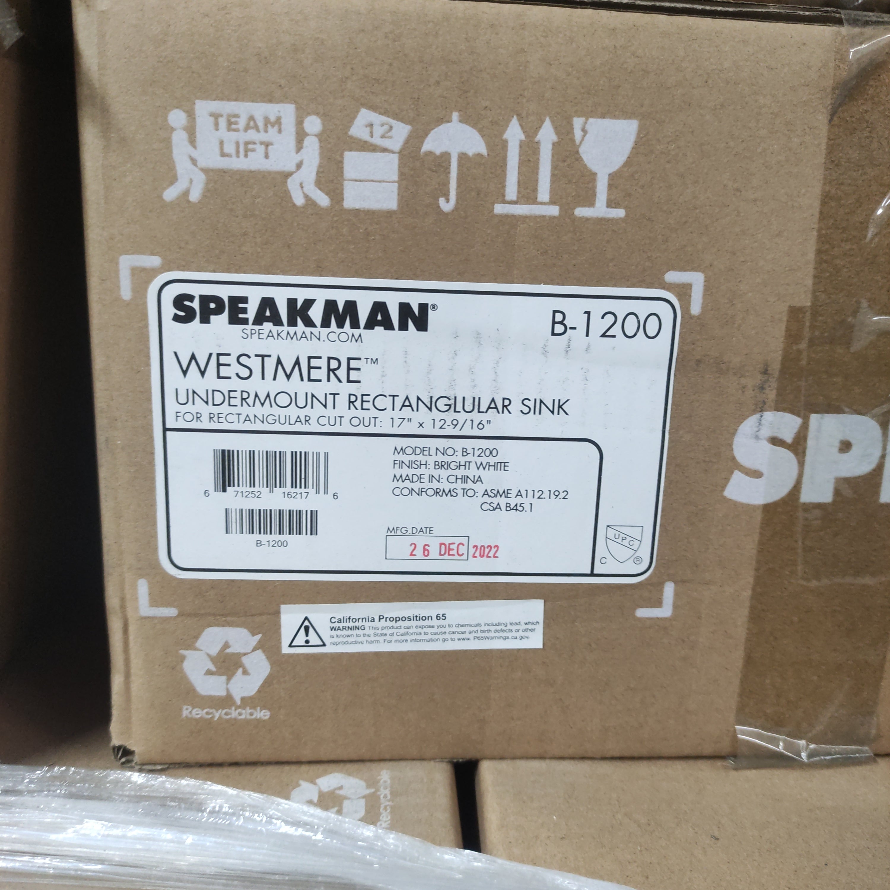 SPEAKMAN Undermount Rectangular Sink Cut Out: 17" x 12-9/16" White B-1200