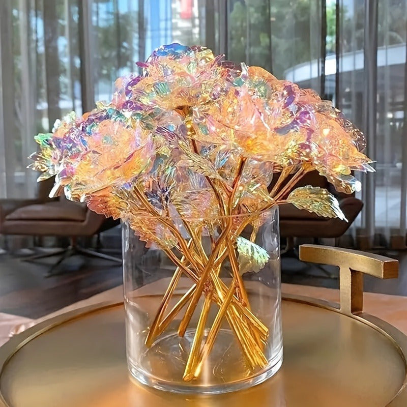 10pcs Realistic Gilded Eternal Roses & Crystal Flowers - Plastic Artificial Roses Suitable for Valentine's Day, Christmas, Weddings, Birthdays, Anniversaries - Elegant Table Centerpiece, Wedding Bouquets, & Decorations - -Las