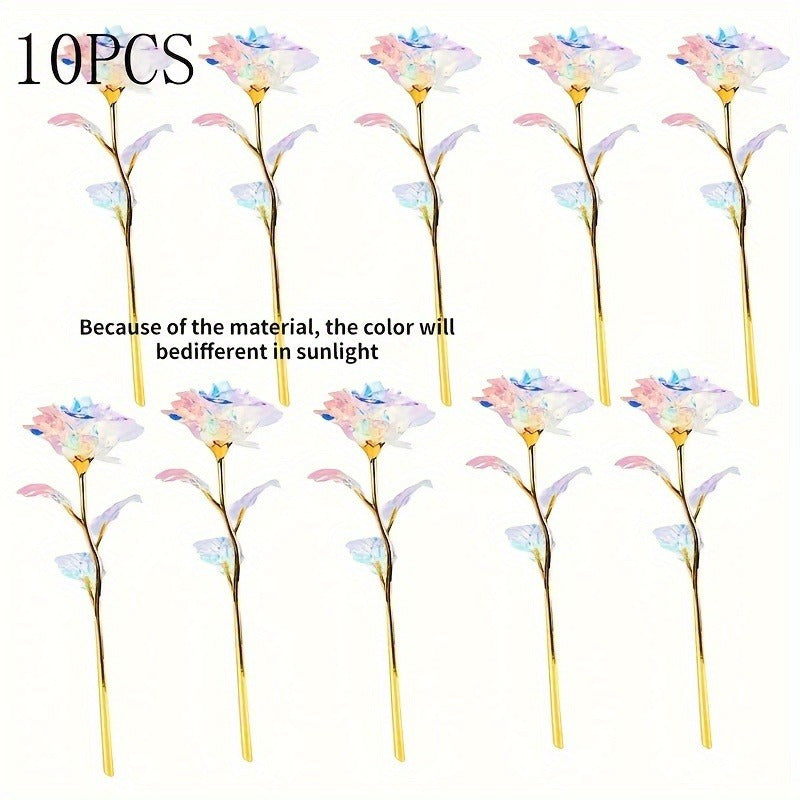 10pcs Realistic Gilded Eternal Roses & Crystal Flowers - Plastic Artificial Roses Suitable for Valentine's Day, Christmas, Weddings, Birthdays, Anniversaries - Elegant Table Centerpiece, Wedding Bouquets, & Decorations - -Las
