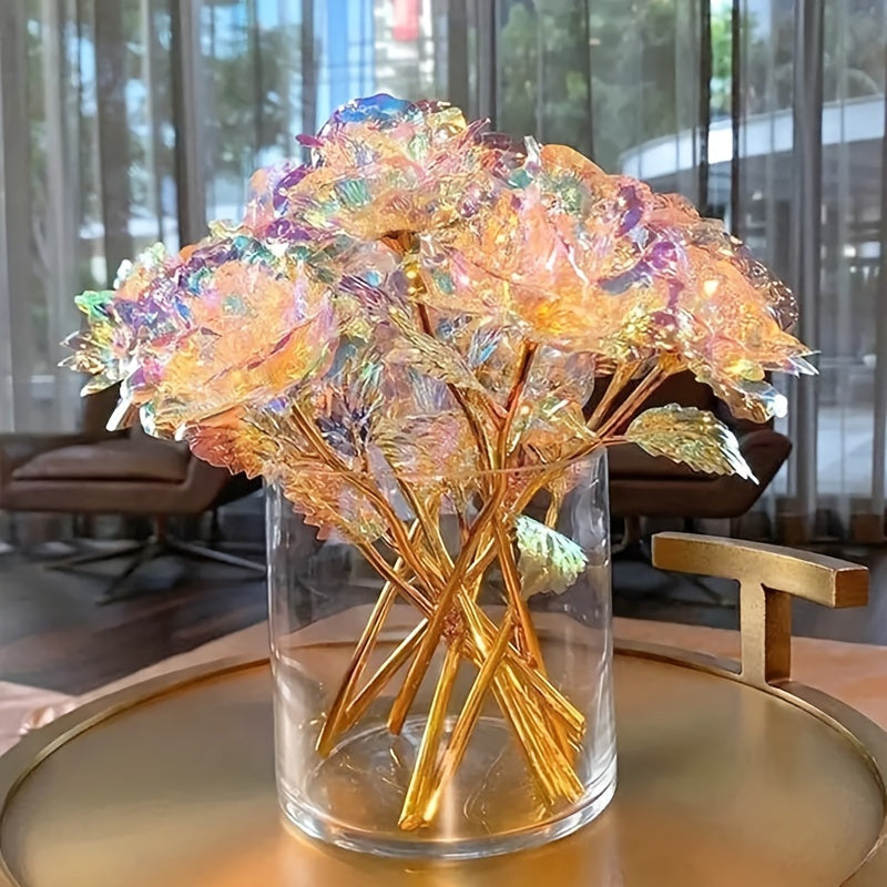 10pcs Realistic Gilded Eternal Roses & Crystal Flowers - Plastic Artificial Roses Suitable for Valentine's Day, Christmas, Weddings, Birthdays, Anniversaries - Elegant Table Centerpiece, Wedding Bouquets, & Decorations - -Las