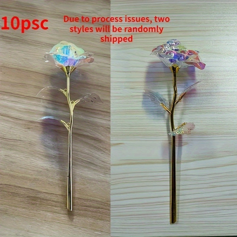 10pcs Realistic Gilded Eternal Roses & Crystal Flowers - Plastic Artificial Roses Suitable for Valentine's Day, Christmas, Weddings, Birthdays, Anniversaries - Elegant Table Centerpiece, Wedding Bouquets, & Decorations - -Las