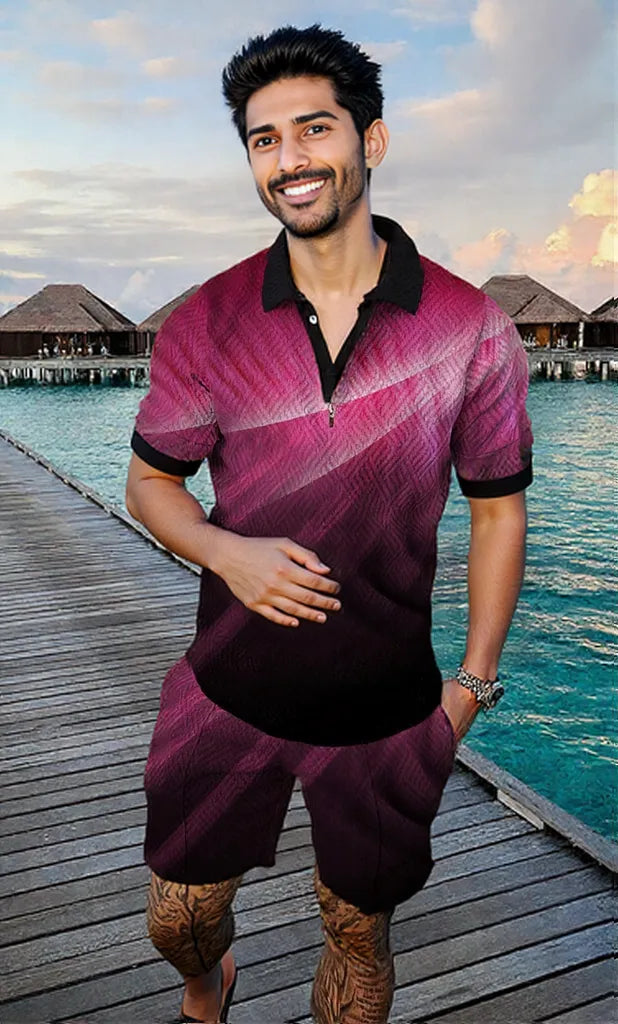 Men's Summer Fashion 3D Printed Short Sleeve Geometric Zip Lapel Shirt Set