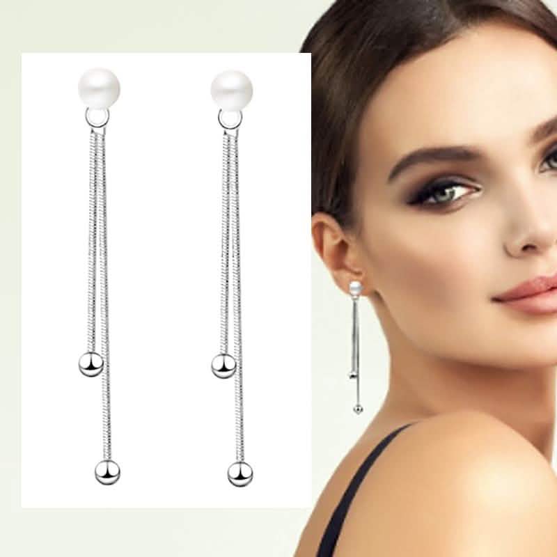 18K Bead Ball And Pearl Long Drop Earrings